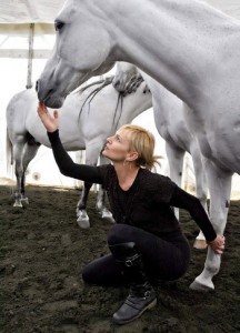 Cavalia's "Liberty Show" trainer Sylvia Zerbin spends time with just-arrived Arabian horses at the Burbank location of the upcoming show on Thursday, January 13, 2011.  Cavalia: A Magical Encounter Between Horse and Man premieres January 19.  (Raul Roa/Staff Photographer)