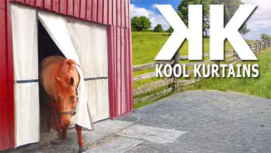 Introducing: Kool Kurtains™ New Product Creates a Cool, Bug-free Haven for Horses Kool Kurtains™, a new, scientifically -advanced product, create a cool, bug-free haven for horses. Kool Kurtains are designed to keep barns, stalls and run-in-sheds cool while simultaneously screening out insects and birds. Kool Kurtains utilize CS80, an advanced technical textile that is scientifically proven to deflect up to up to 80% of the sun’s heat rays thereby significantly reducing interior temperature. CS80 allows for airflow which helps to create a healthy, cool environment in a barn, stall or run-in-shed.