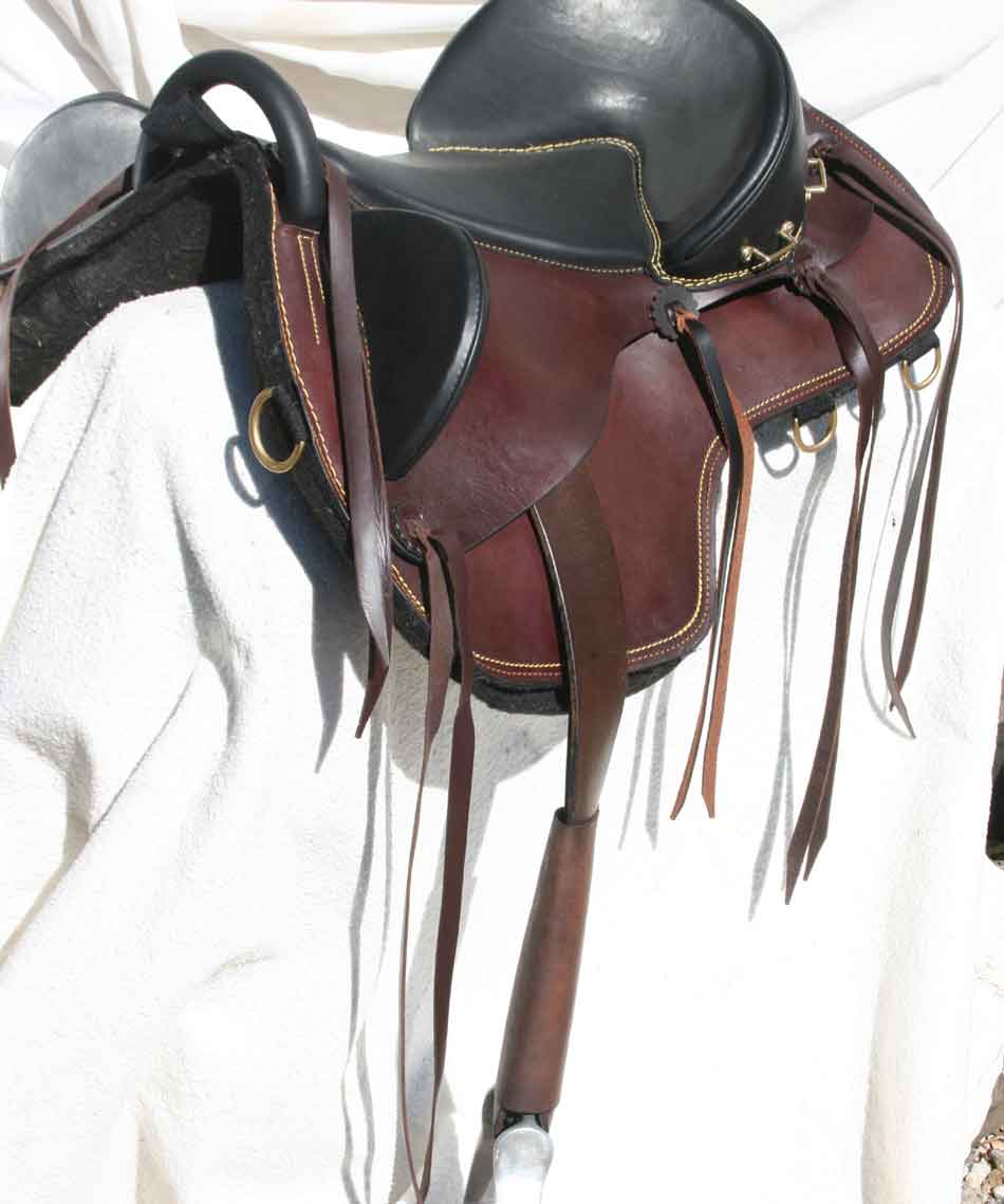 BAREBACK LEATHER SADDLE A 12-lb bareback saddle made of solid leather, on a tree that moves with the horse, has been released by The Australian Stock Saddle Company of Malibu, California. The leather is from Australia and the tree is twin lexanne plates positioned independently on either side of the spine. The plates equalize rider weight and eliminates pressure points. The underside is solid wool felt. The Big D Western-style girth ring is secured with heavy-duty webbing.